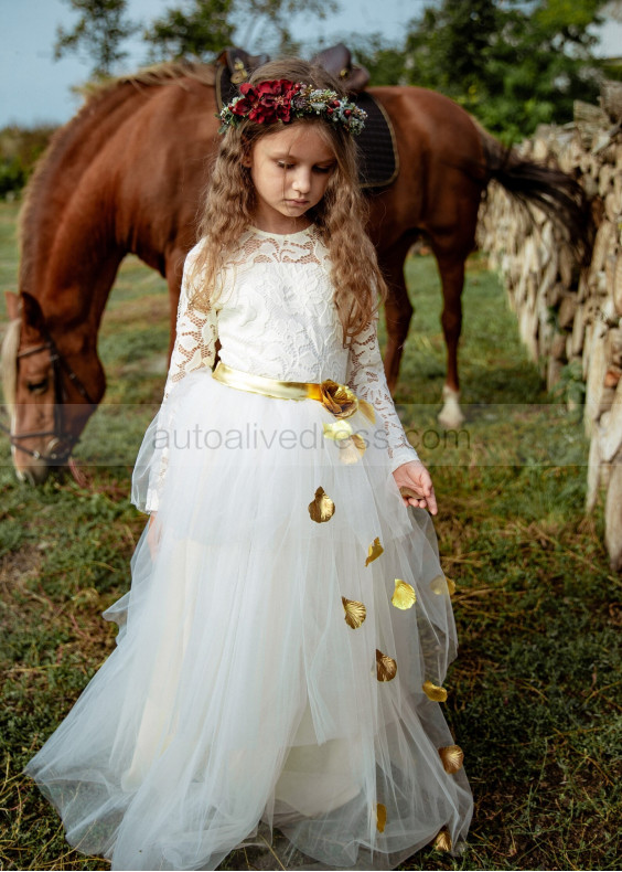 Ivory Lace Tulle Gold Petals Sweet Flower Girl Dress